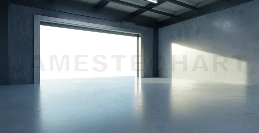 
3D Empty garage opening with sunlight entering concrete interior