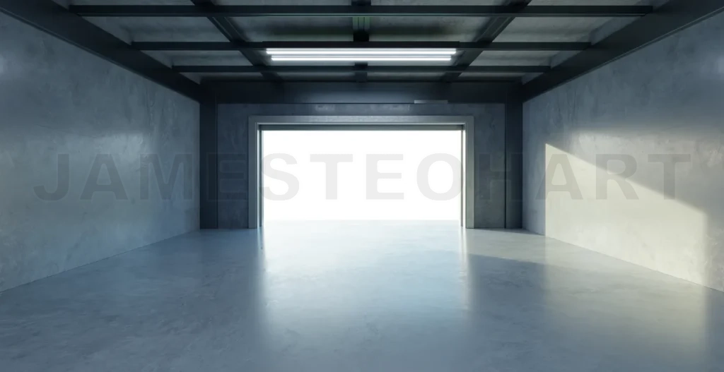 
3D Empty garage opening its gate showing a bright light at the end