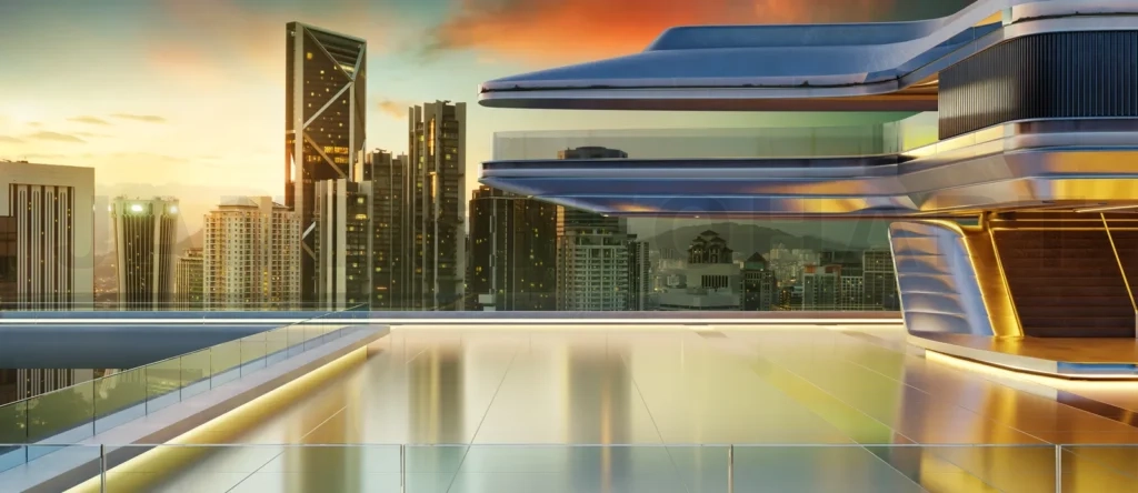 
3D Futuristic metallic building overlooking illuminated city at