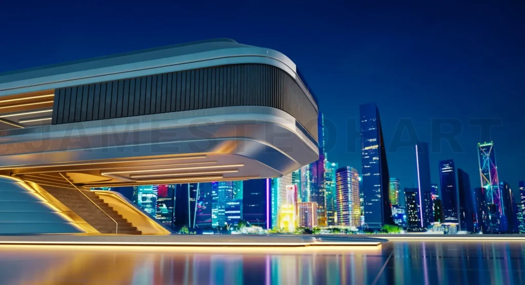 
3D Futuristic building illuminating city skyline at night