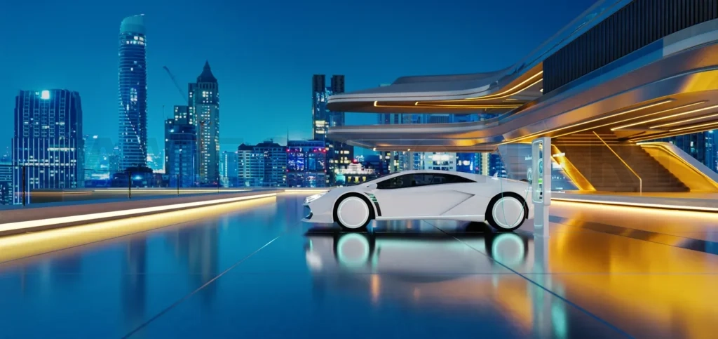 
3D White electric sportscar charging in futuristic cityscape at