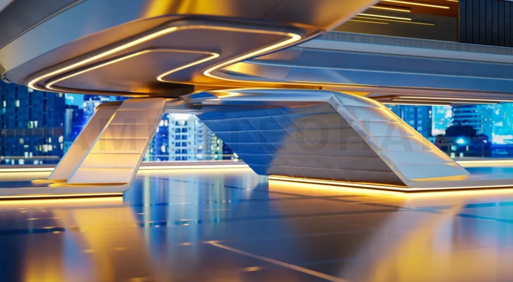 
3D Futuristic metallic structure connecting buildings in night c