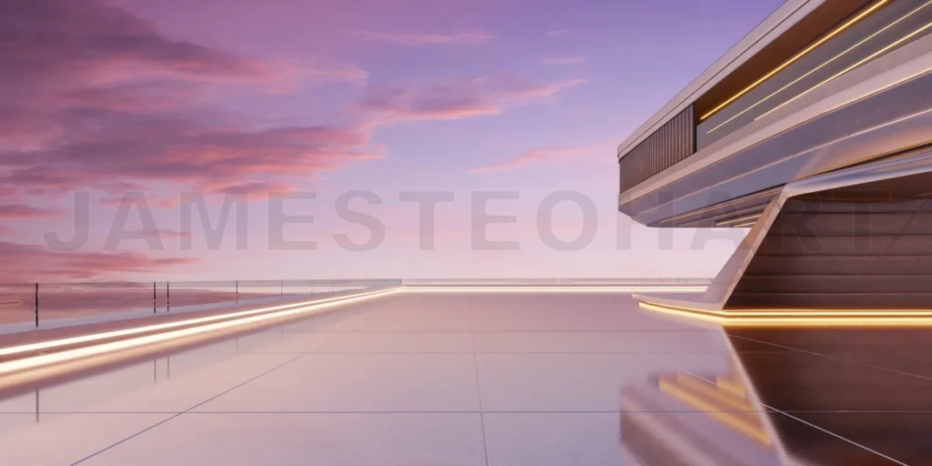 
3D Futuristic building with neon lights illuminating rooftop at