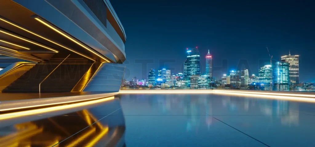 
3D Futuristic building overlooking illuminated cityscape at nigh