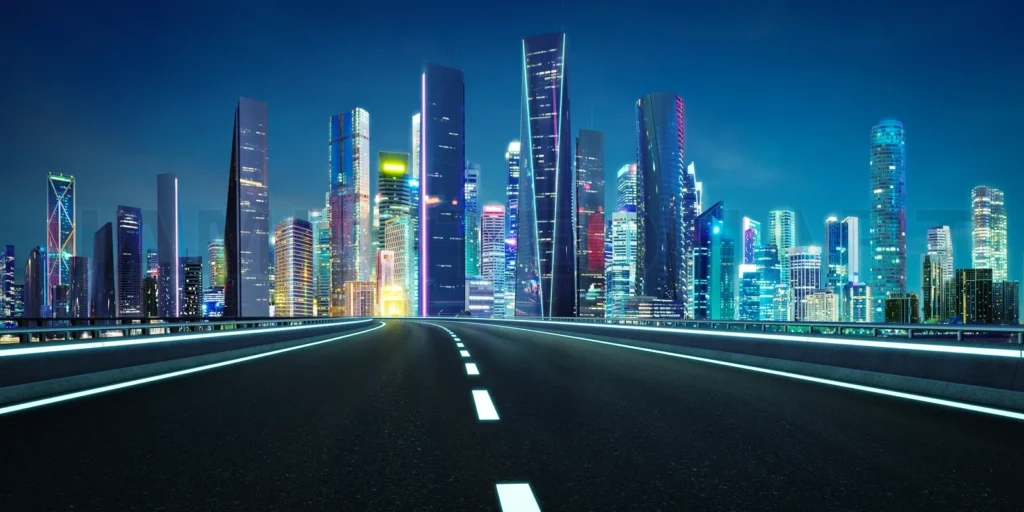 
3d rendering of a highway leading to a cityscape at night