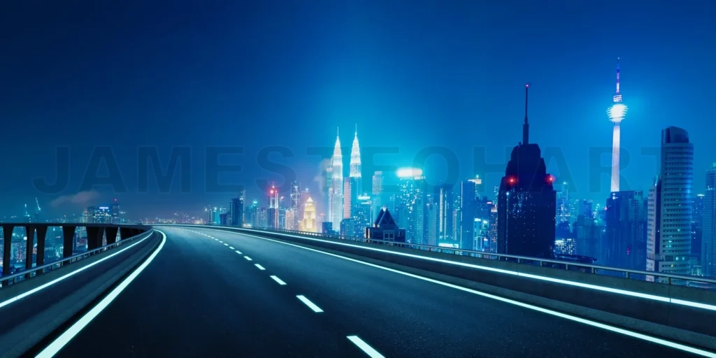 
Empty highway road leading to illuminated kuala lumpur skyline at night