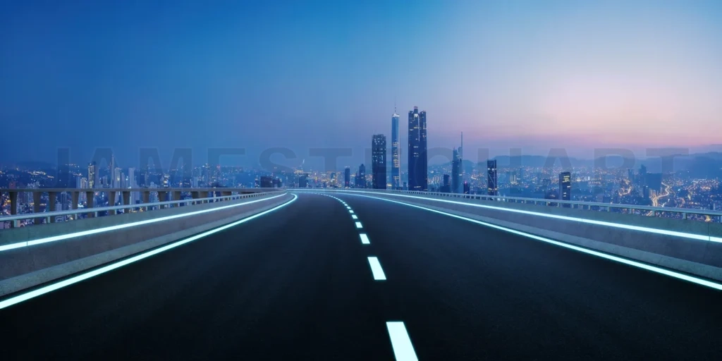 
Empty asphalt road and modern city skyline panorama at sunset