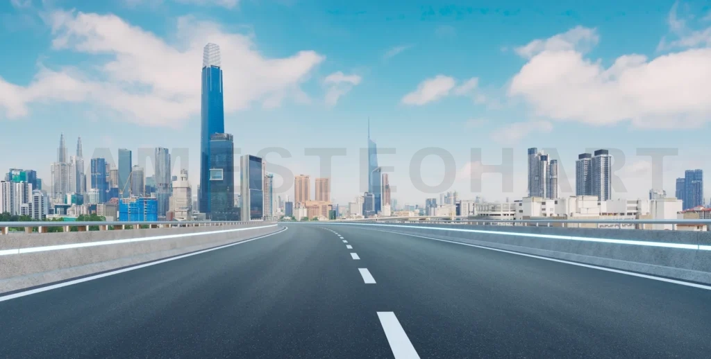 
Empty asphalt road and modern city skyline panorama under blue sky