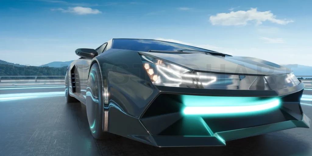 
3D EV concept sports car on a modern road with scenic views