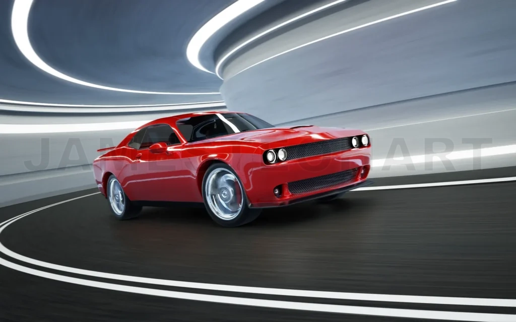 
Front angle view of a generic red brandless American muscle car