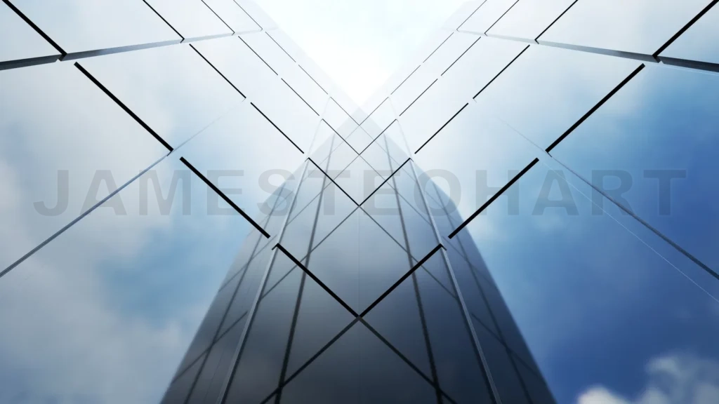 
Low Angle View Of Generic Modern Office Skyscrapers ,High Rise Buildings With Abstract Geometry Glass Facades On A Bright Sunny Day