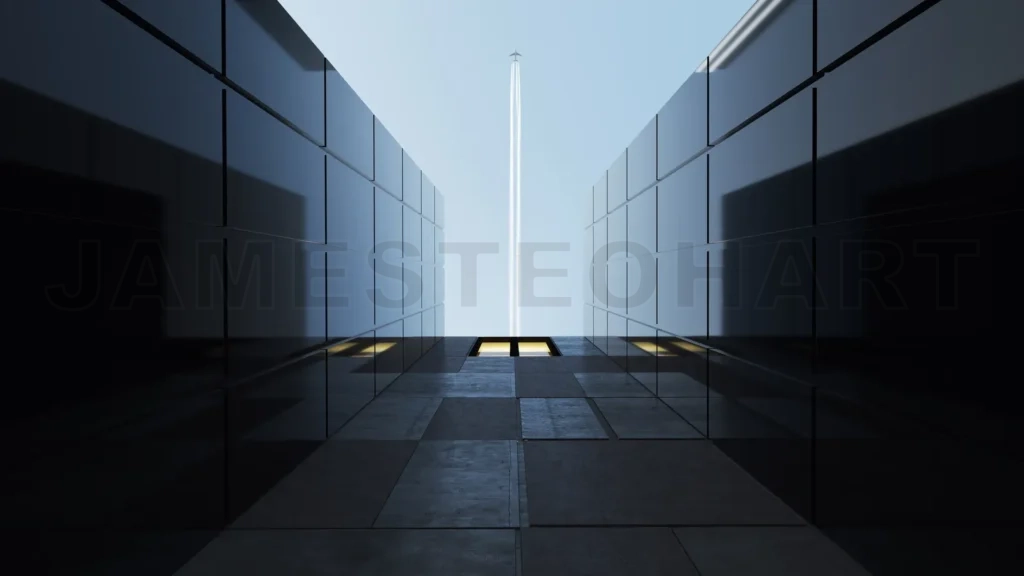 
Plane Flying Over Generic Modern Glass And Concrete Office Buildings