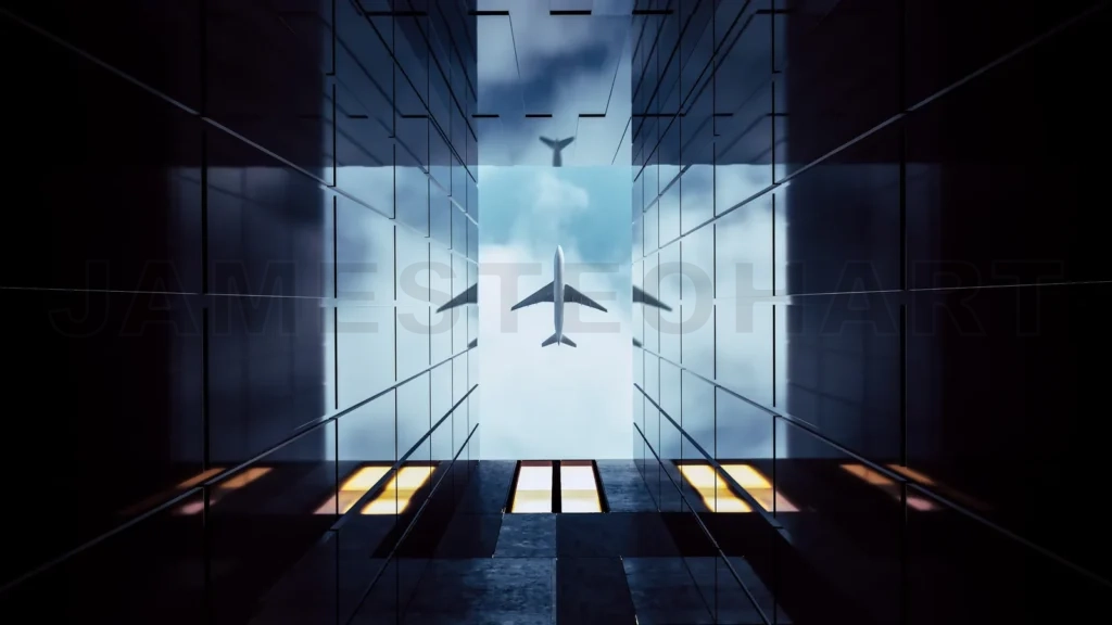 
Plane flying over generic modern glass and concrete office build