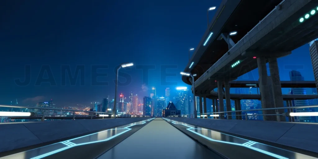 
3D Futuristic highway leading to illuminated metropolis at night