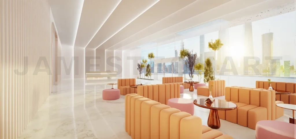 
Interior of modern entrance hall in modern office building with