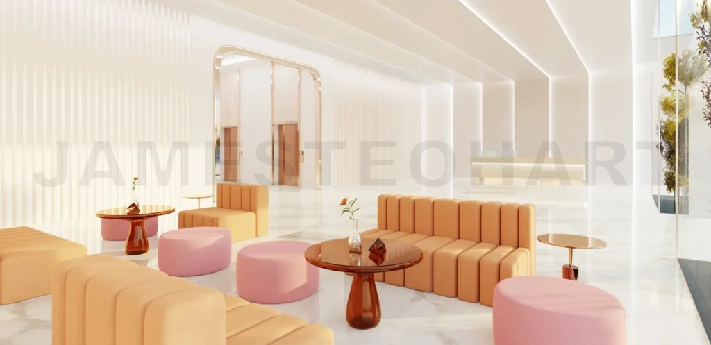 
Interior of modern entrance hall in modern office building with