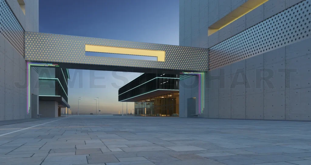 
Empty brick road nearby modern building