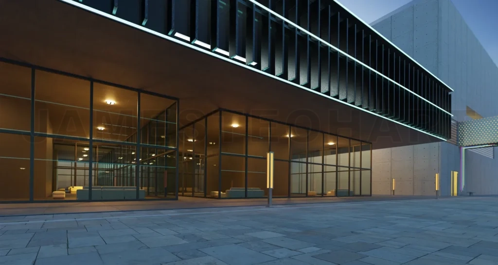 
Evening outdoor urban view of modern hotel exterior