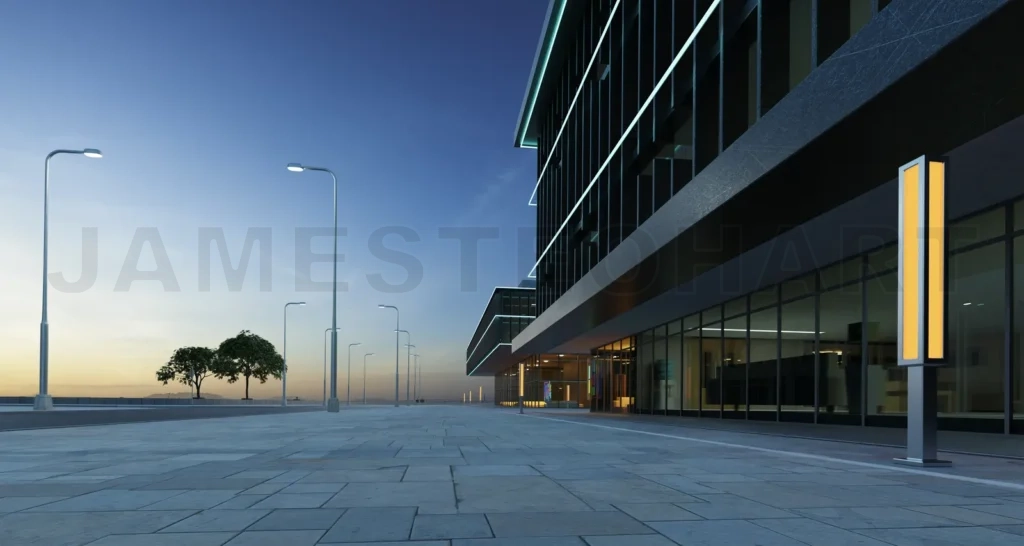 
Exterior view of urban street and commercial office buildings ex