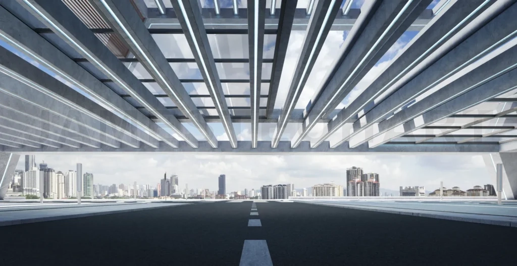 
Empty asphalt roadside under the bridge with cityscape backgroun