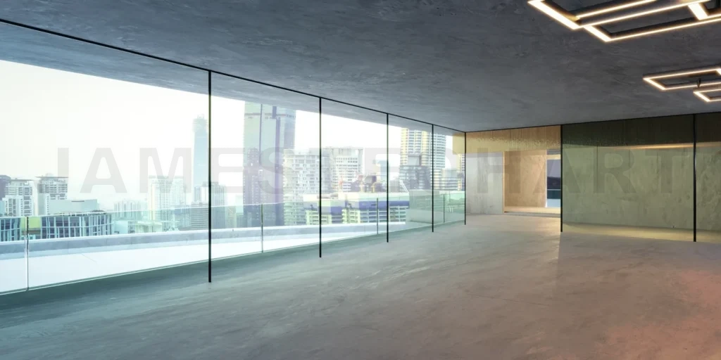 
Cityscape view in new modern office with columns glass window