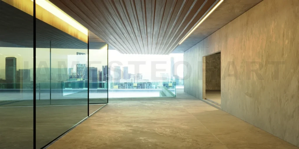 
Cityscape view in new modern office corridor with columns glass