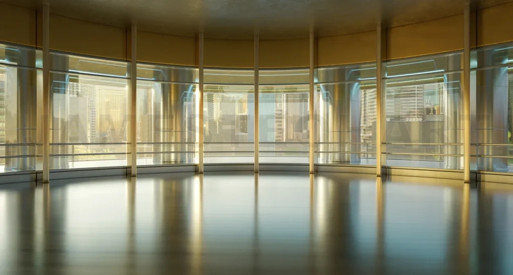 
3D rendering futuristic curved shapes design metal facade office