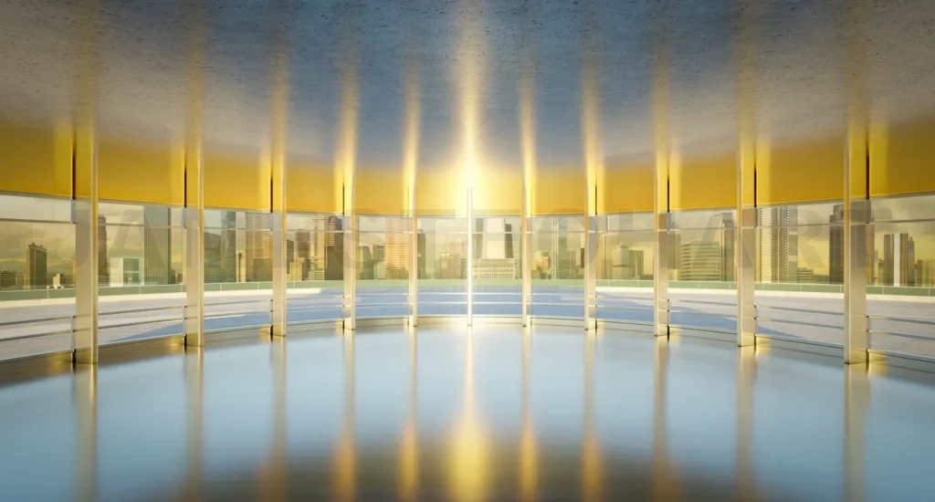 
3D rendering futuristic curved shapes design metal facade office