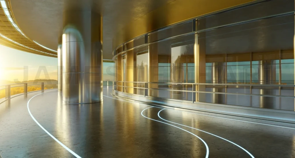 
3D futuristic curved shapes design metal facade office exterior