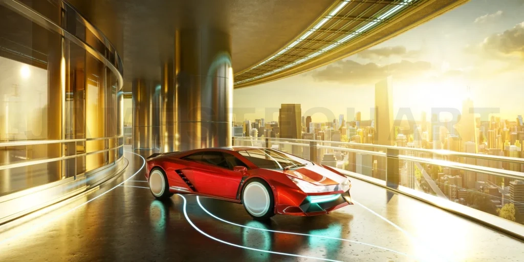 
3D rendering an unbranded luxury sports car is parked outside th