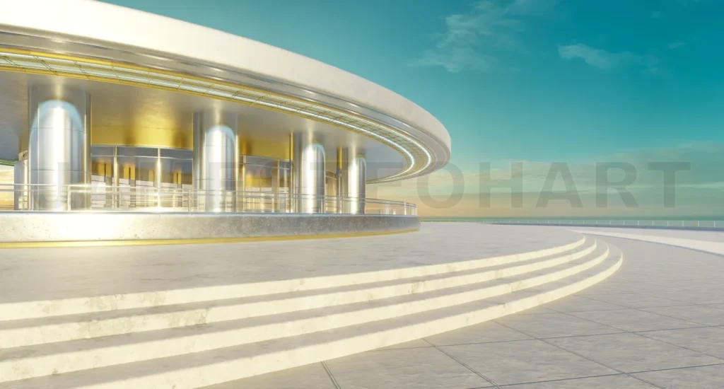 
3D rendering modern art curved building exterior with brick floo