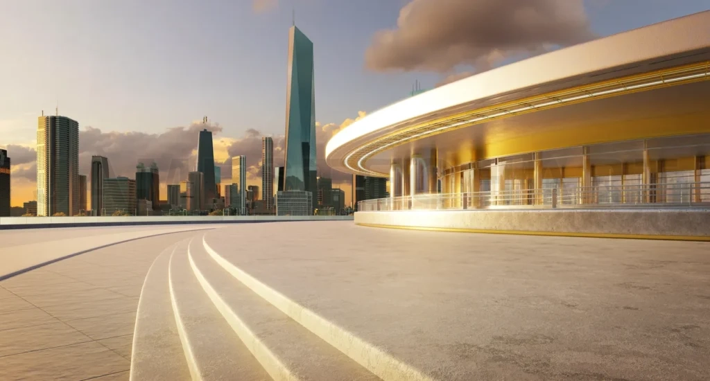 
3D rendering modern art curved building exterior with brick floo