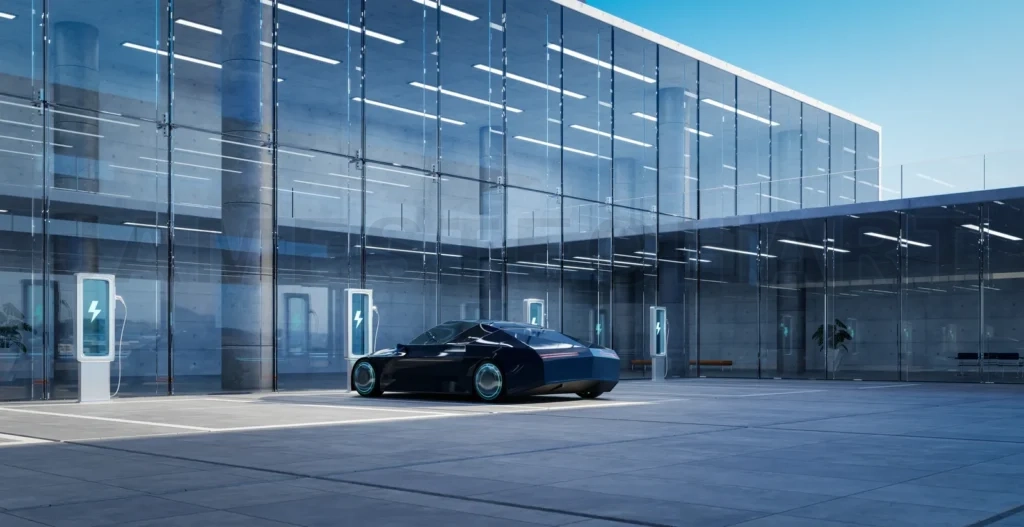 
Electric car charging at modern glass building with futuristic architecture