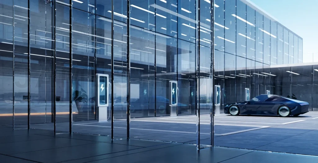 
Electric car charging at modern glass building with multiple charging stations