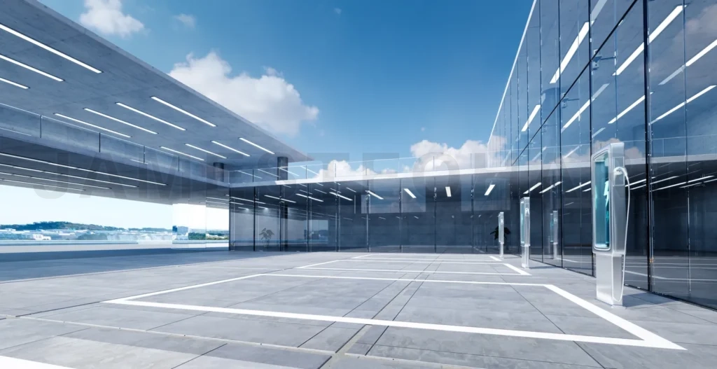 
Electric vehicle charging stations powering up at modern office building