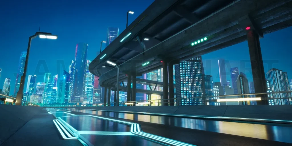 
Futuristic highway leading into illuminated metropolis at dusk