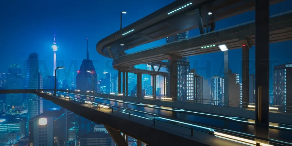 
Futuristic highway overpass dominating modern city skyline at night