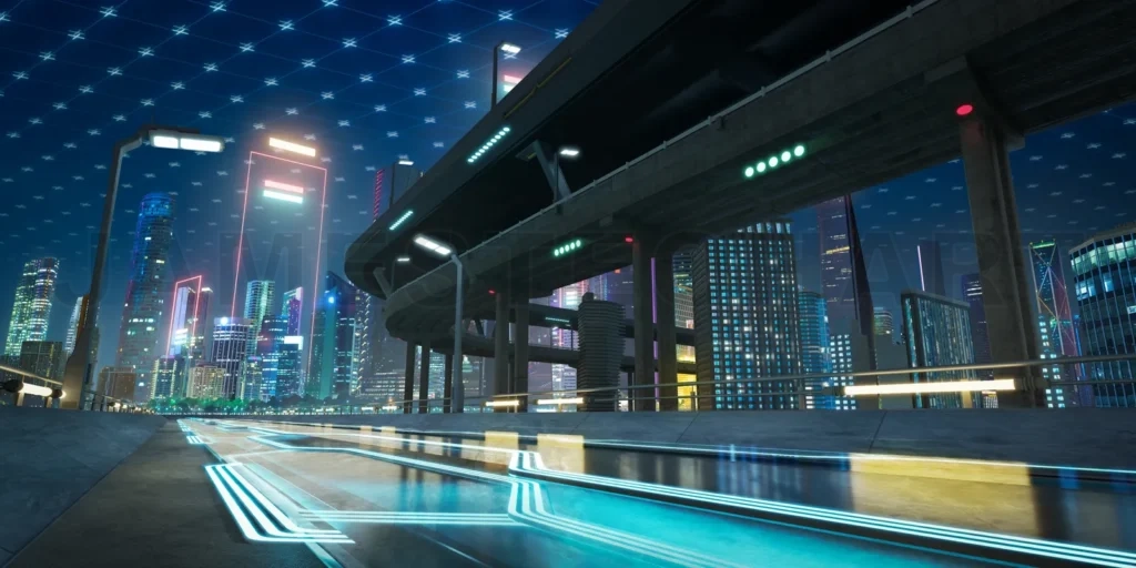 
Futuristic highway traffic moving through illuminated metropolis