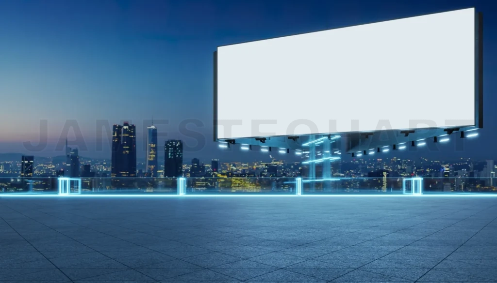 
Empty billboard glowing on modern rooftop with illuminated city skyline view at dusk