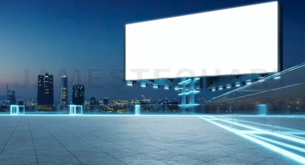 
Blank billboard on futuristic rooftop with city skyline at dusk