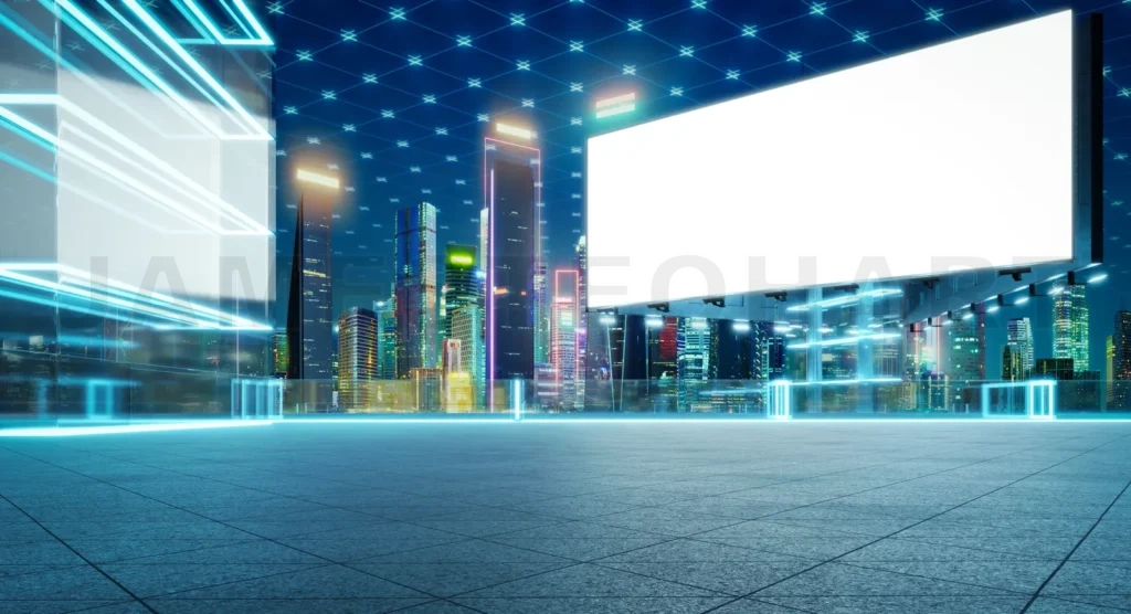 
Futuristic billboard showing a blank white screen in a smart city with neon lights