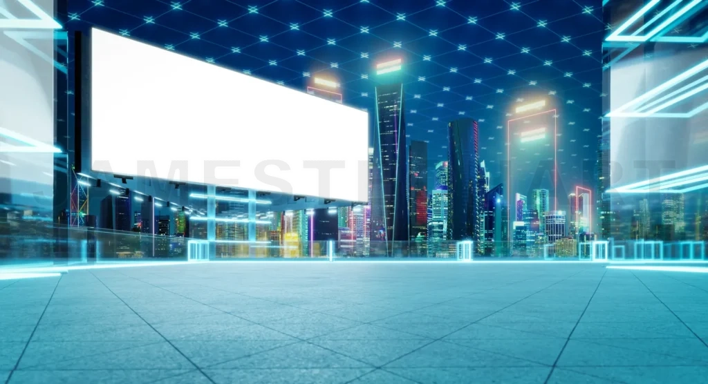 
Blank billboard in futuristic city with skyscrapers and network connections at night