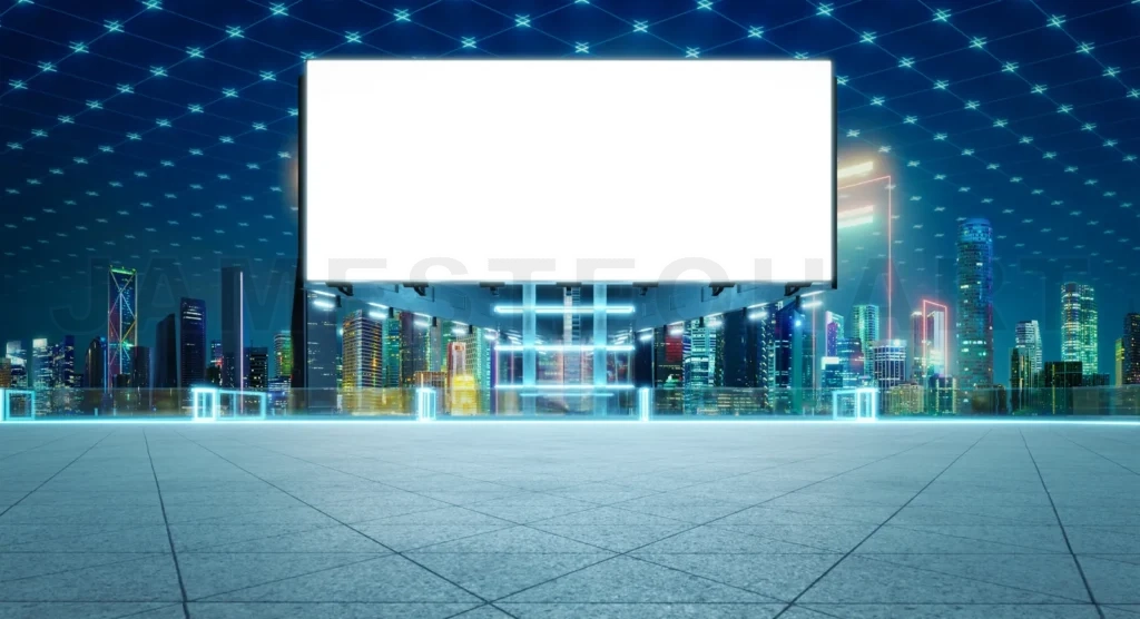 
Blank billboard standing on rooftop with illuminated futuristic cityscape view at night
