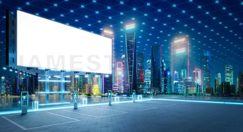 
Electric vehicle charging station with blank billboard and futuristic city skyline