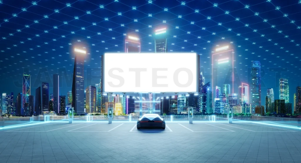 
Electric car charging at futuristic parking lot with blank billb