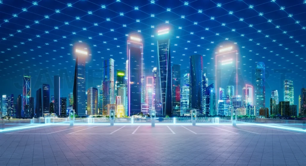 
Electric vehicle charging station parking lot with city skyline