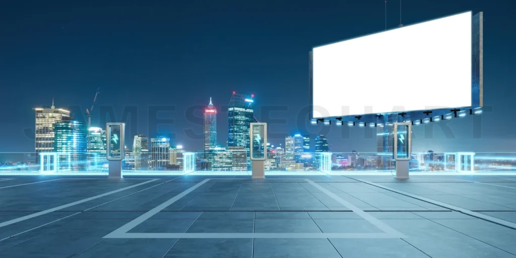 
Electric vehicle charging stations illuminating a rooftop parking lot in perth at night