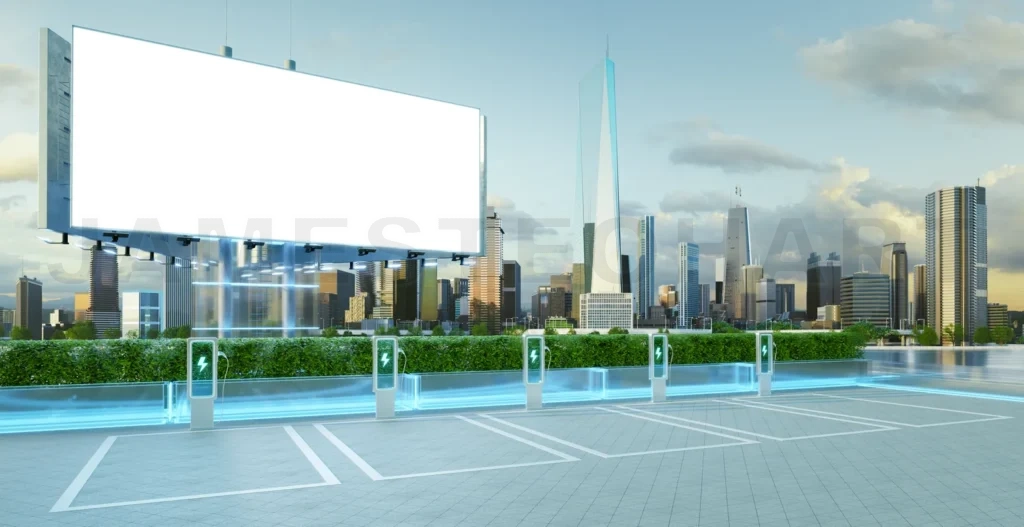
Electric vehicle charging station with a blank billboard and a city skyline promoting sustainable transportation