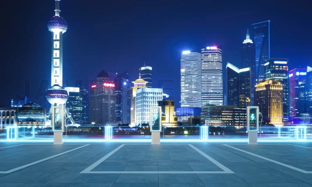 
Electric vehicle charging station illuminating shanghai skyline at night