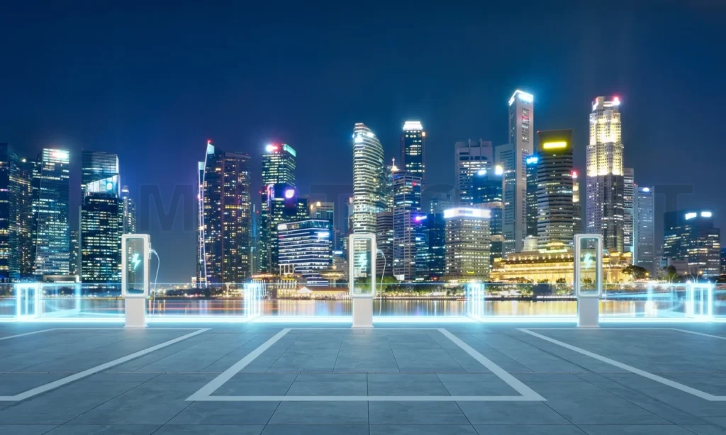 
Electric vehicle charging stations illuminating singapore skyline at night